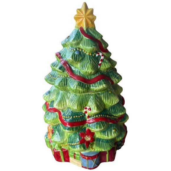Vintage Christmas Tree Ceramic Cookie Jar Canister Green w/Lid 12" Tall - Picture 1 of 12